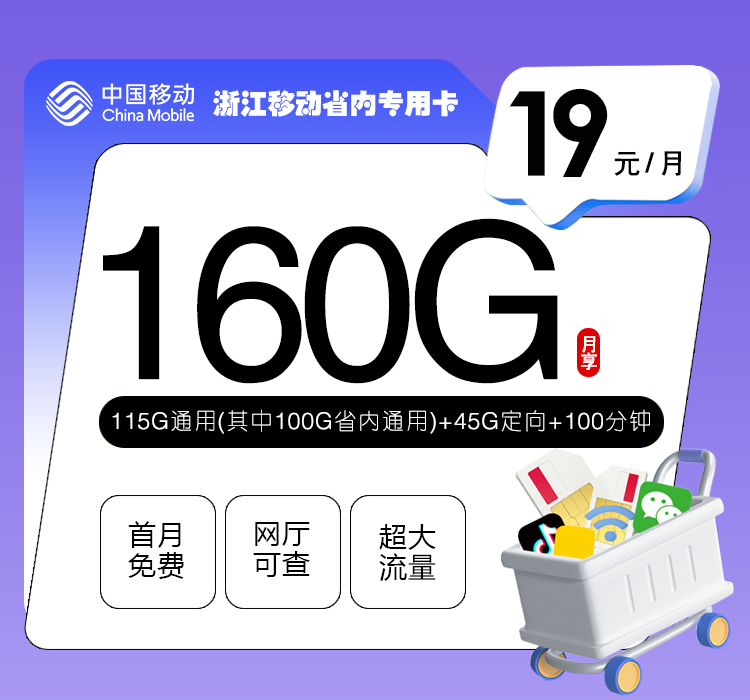 浙江移动省内专用卡【19元160G+100分钟】 1 000932ad82d74d46b6e50b7be9be9894