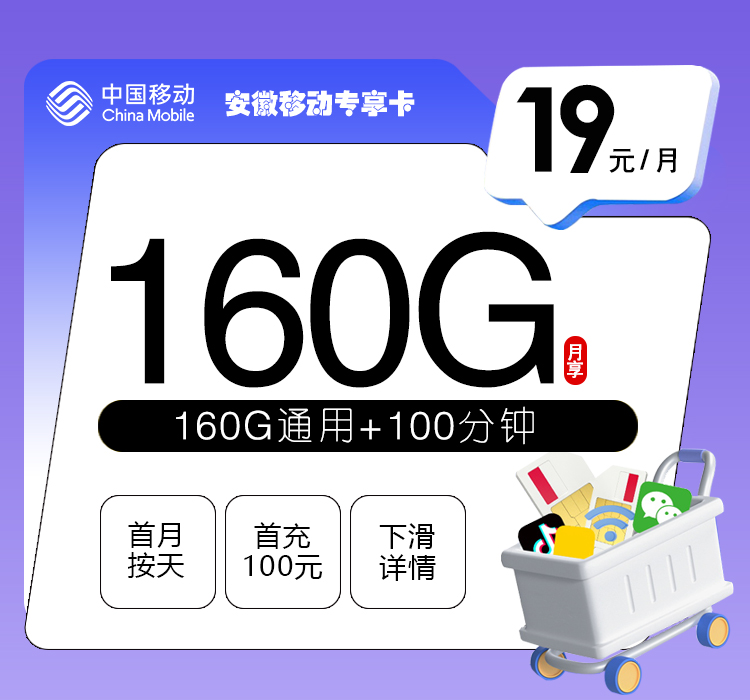 安徽移动专享卡【19元160G+100分钟】 1 5f13cb0b649043adb3a620db22dd8269