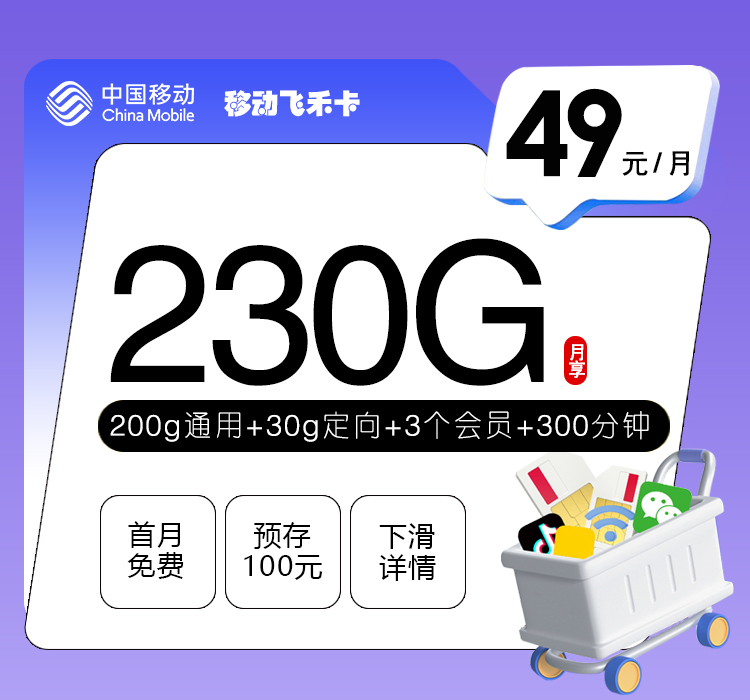 移动飞禾卡【49元230G+300分钟+3个会员】 1 667a7acf9f7049258116b84083a00169