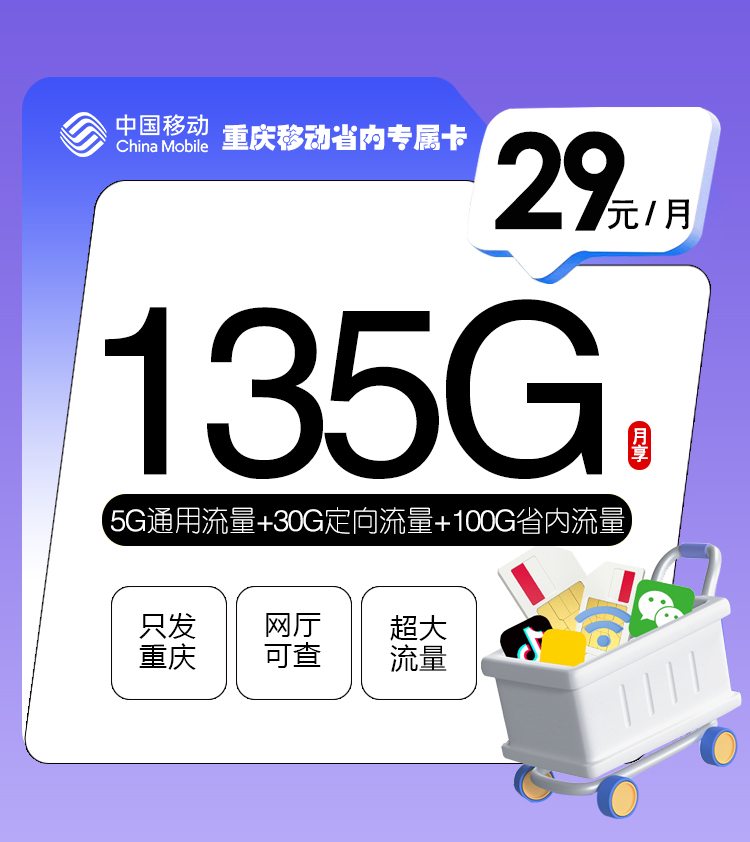 重庆移动省内专属卡【29元135G】 1 69c8d9776b4747a198abd748b63a6e46